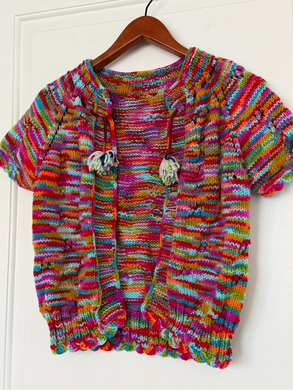 Hand Knit Rainbow Boho Cardigan Tie Tassles Scallop GrandmaCore Eclectic Artsy